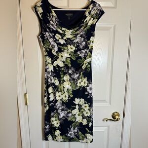 Connected Apparel‎ Navy Floral Yellow Sleeveless Cowl Neck Midi Bodycon Dress